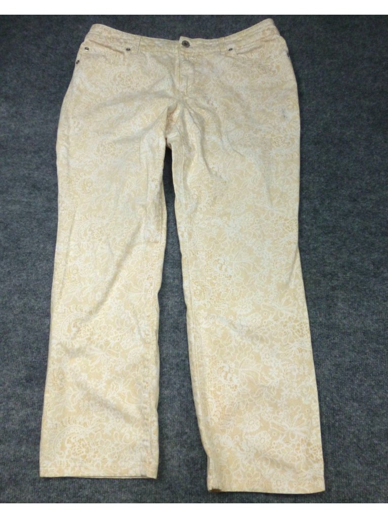 Chicos Platinum Denim Beige Floral Print Pants Size 1.5 Cotton/Spandex Blend 18"